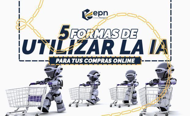 Una fila de robots inteligentes llevando un carrito de compras